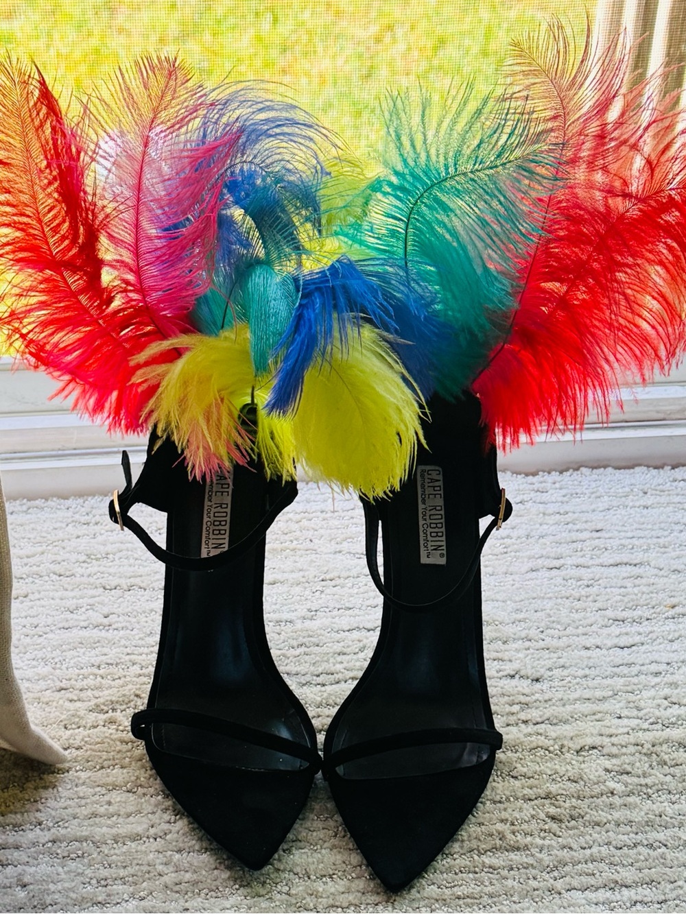 Black Suede Pointed Toe Stiletto Ankle Strap Heels with detachable feathers